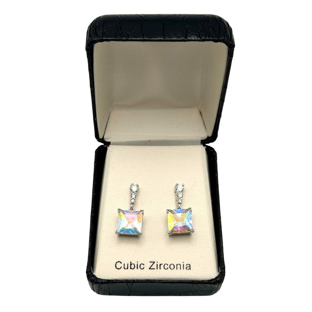 Cubic Zirconia Square Drop Earrings Aurora Borealis Silver Tone Iridescent NIB